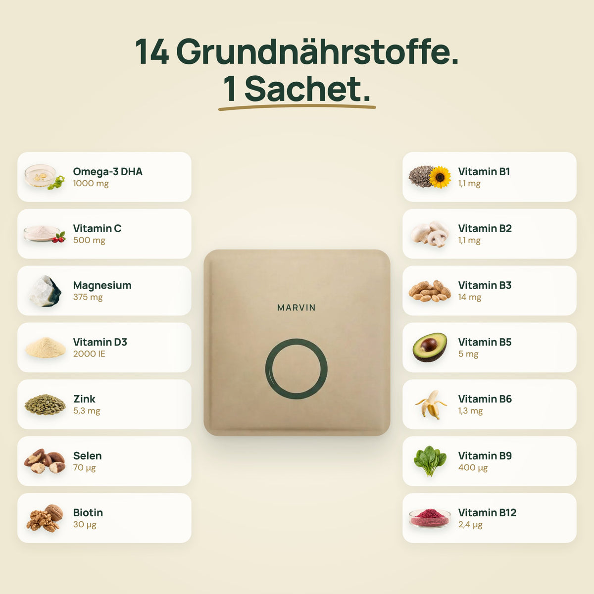 Die 14 Grundnährstoffe in jedem NutriOne Sachet und ihre Dosierungen