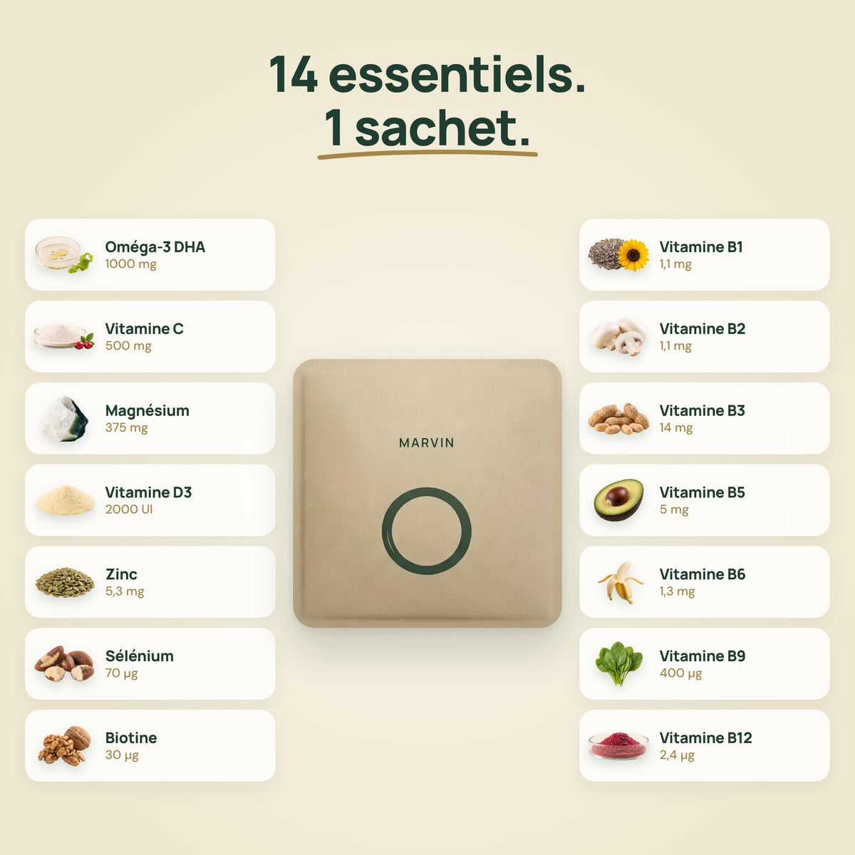 Les 14 essentiels de chaque sachet NutriOne et leurs doses