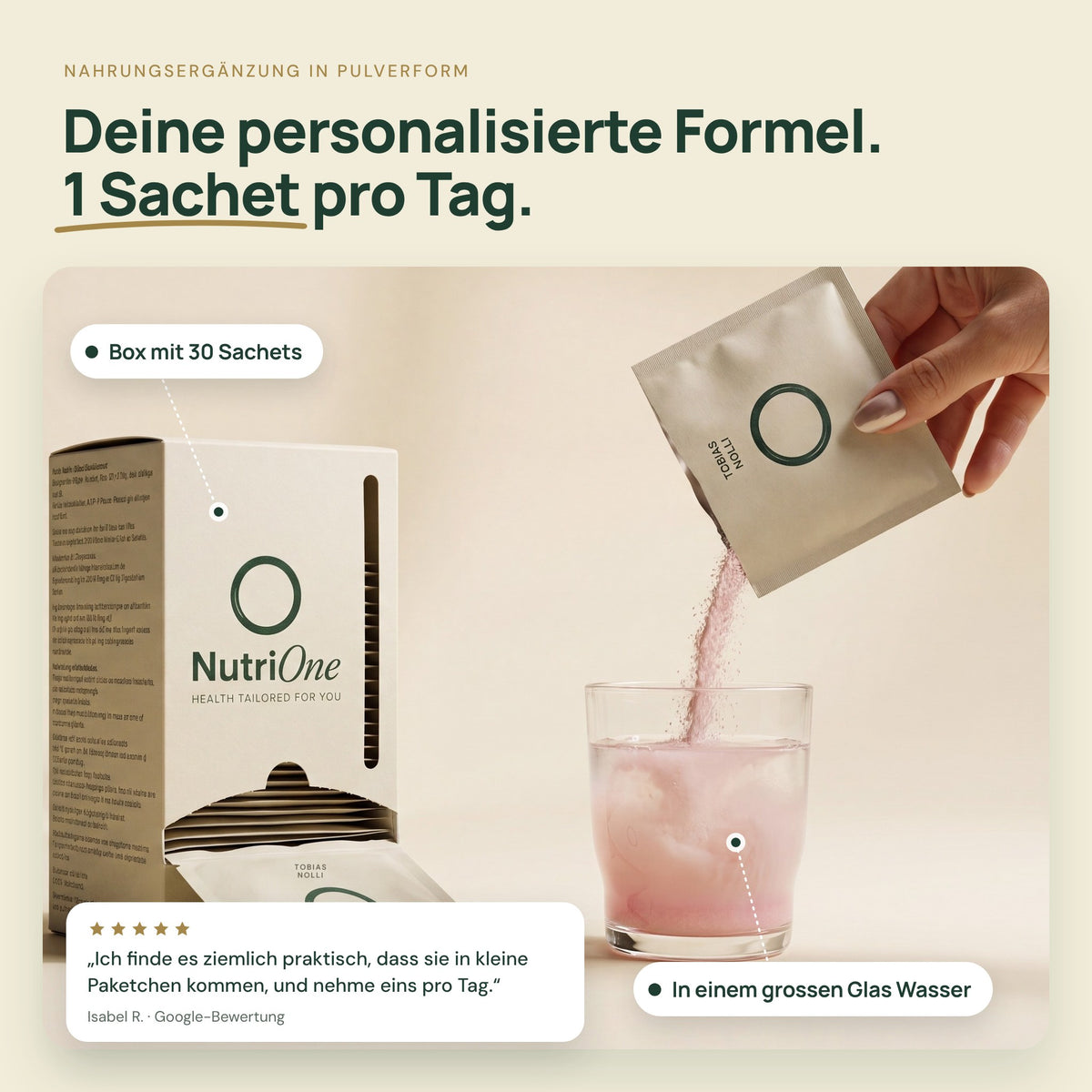 NutriOne Essentiel: Box mit 30 Sachets Nahrungsergänzung in Pulverform, ein Sachet in einem grossen Glas Wasser