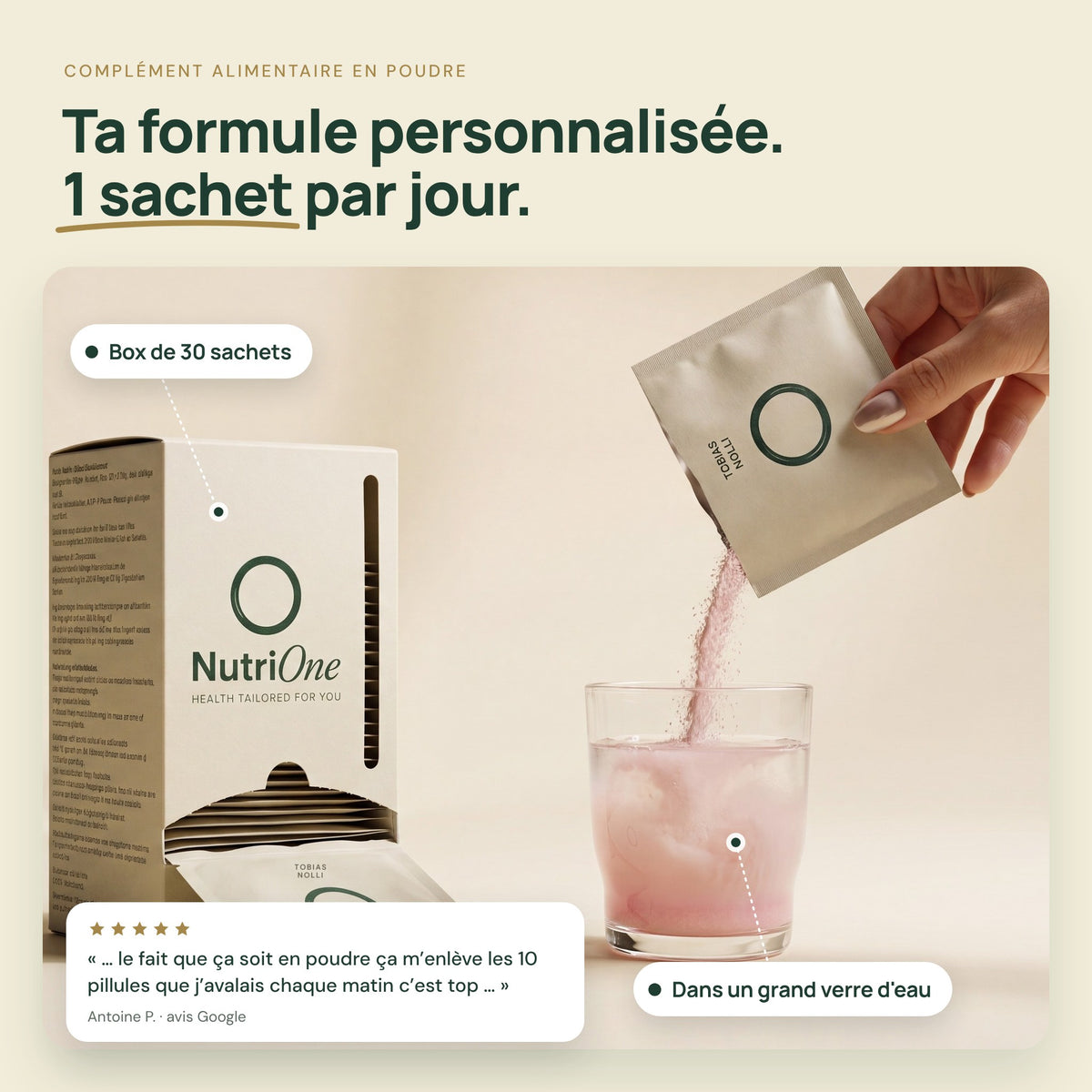 NutriOne Essentiel : box de 30 sachets de complément alimentaire en poudre, un sachet versé dans un grand verre d'eau