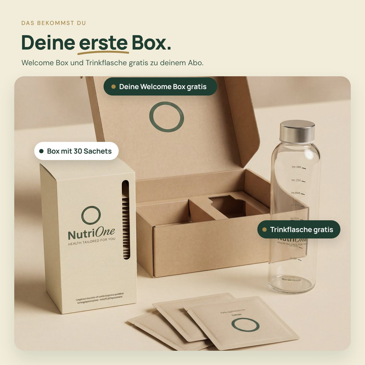 Erste NutriOne Box: Box mit 30 Sachets, Welcome Box und Trinkflasche