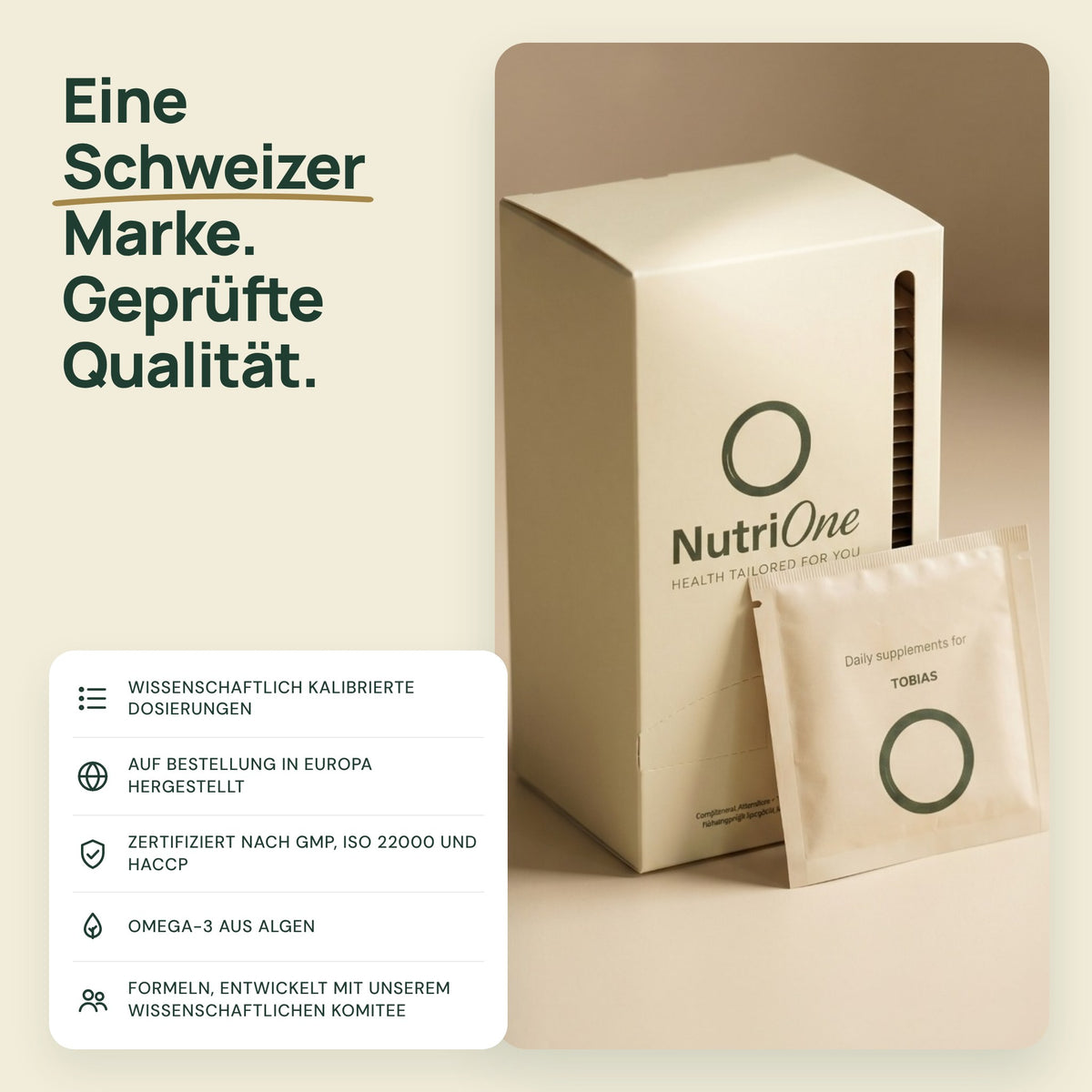 NutriOne, eine Schweizer Marke: auf Bestellung in Europa hergestellt, zertifiziert nach GMP, ISO 22000 und HACCP