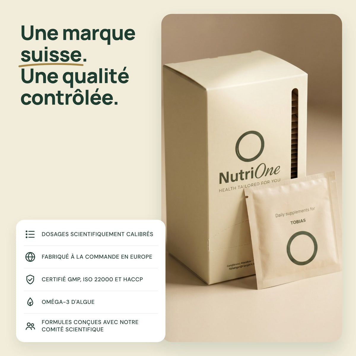 NutriOne, marque suisse : fabriqué à la commande en Europe, certifié GMP, ISO 22000 et HACCP