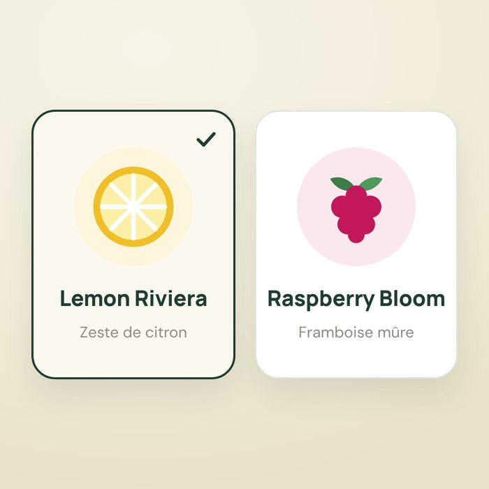 Les deux goûts NutriOne : Lemon Riviera, zeste de citron, et Raspberry Bloom, framboise mûre