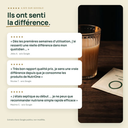 Avis Google de clients NutriOne, note de 4,9 sur 5