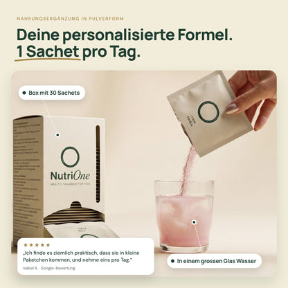 NutriOne Essentiel: Box mit 30 Sachets Nahrungsergänzung in Pulverform, ein Sachet in einem grossen Glas Wasser
