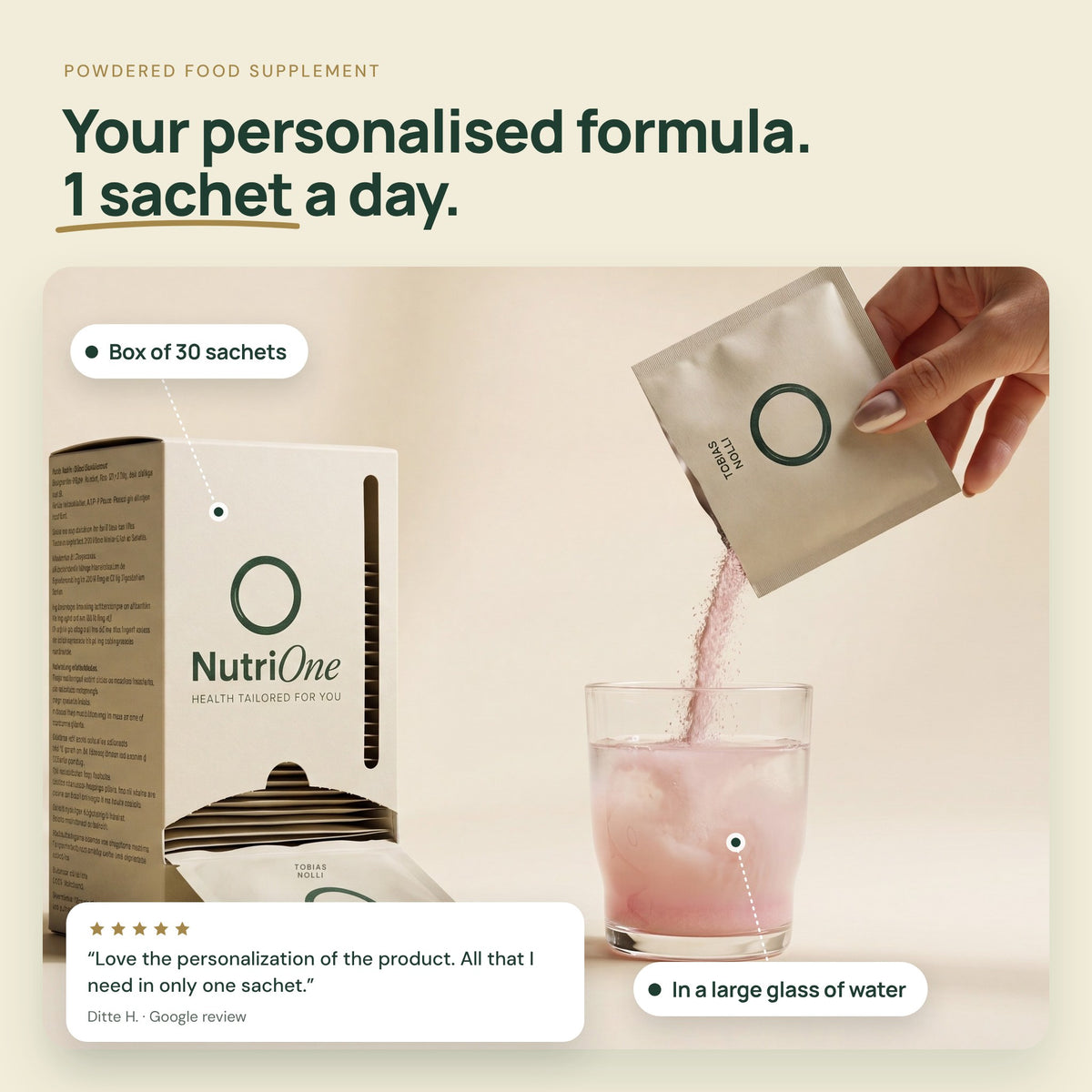 NutriOne Essentiel: box of 30 sachets of powdered food supplement, one sachet poured into a large glass of water