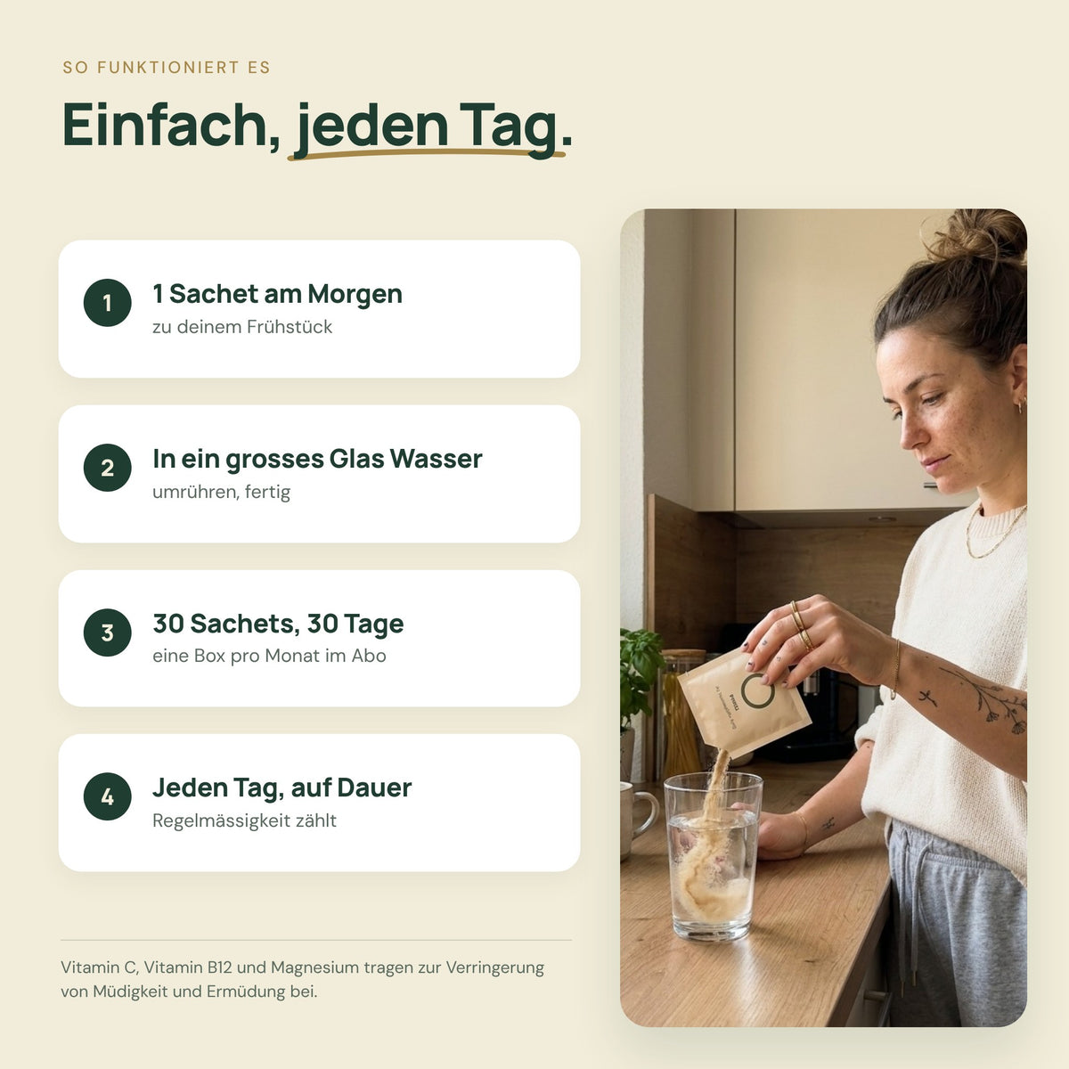 So nimmst du NutriOne: 1 Sachet am Morgen in einem grossen Glas Wasser