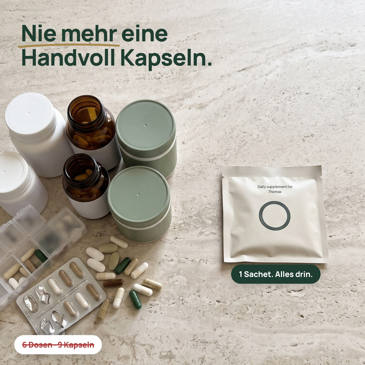Ein NutriOne Sachet statt mehrerer Dosen Kapseln
