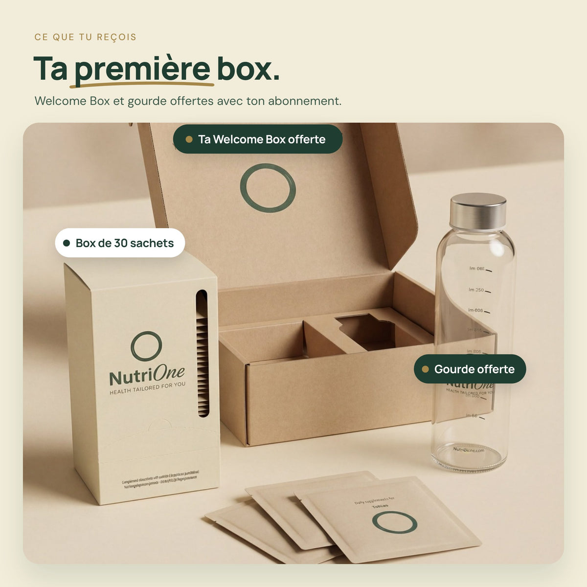 Première box NutriOne : box de 30 sachets, Welcome Box et gourde