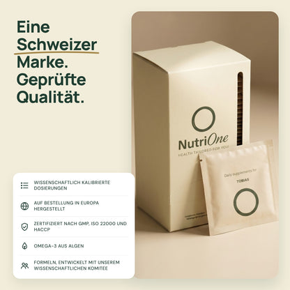 NutriOne, eine Schweizer Marke: auf Bestellung in Europa hergestellt, zertifiziert nach GMP, ISO 22000 und HACCP