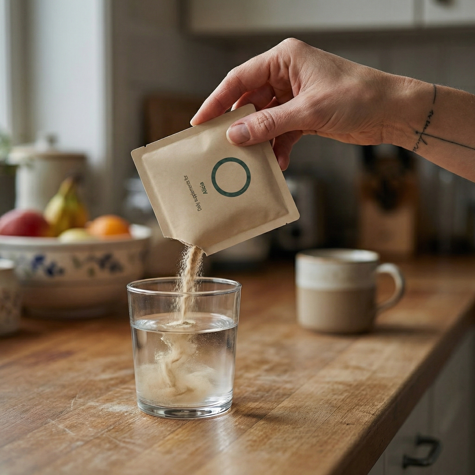 NutriOne — Sachet personnalisé versé dans un verre d'eau